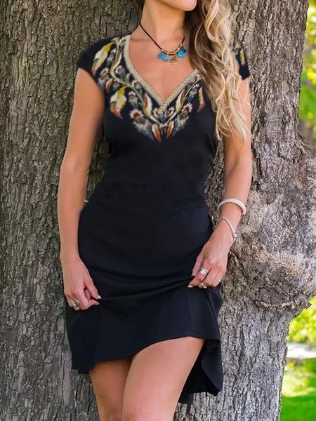 

Casuale Stampato Floreale Maniche Corte Scollo a V Abito, Nero, Mini Dresses