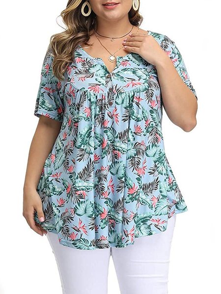 

Floral V Neck Short Sleeve Cotton Tops, Sky blue, T-Shirts