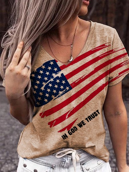 

Florida Casual Short Sleeve Letter V Neck T-shirt, Khaki, T-Shirts