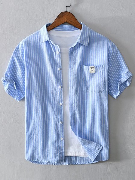 

Uomo Striscia Stampato Patchwork Nazionale Stile Maniche Corte Cotone Traspirante Casuale Sciolto Camicia, Blu, Men