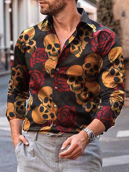 

Long Sleeve Men's Skull Casual Shirts, Black, Men's Floral shirt