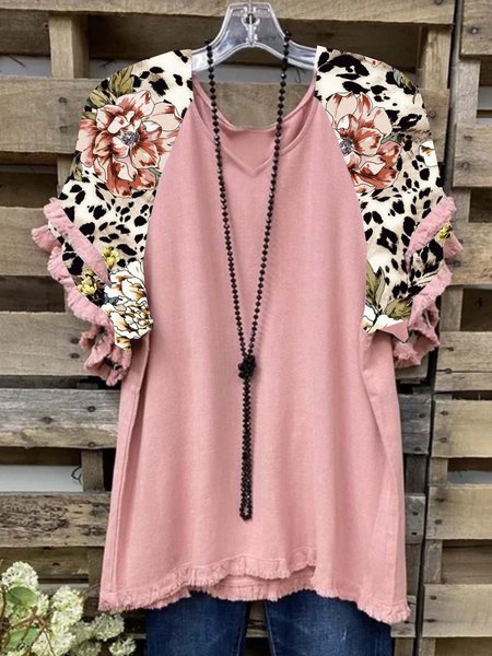 

Floral Short Sleeve Printed Cotton-blend V neck Casual Summer Pink Top, Tops