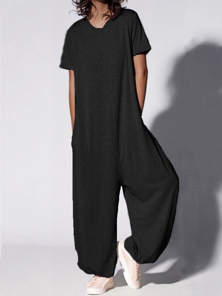 

Simple Short Sleeve Jumpsuits, Black, Jumpsuits＆Rompers