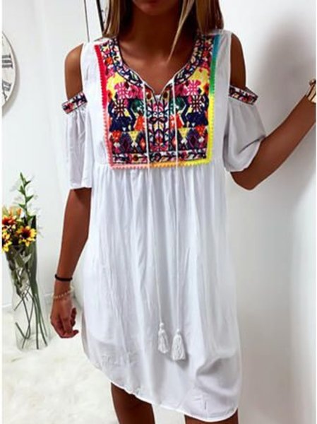 

Short Sleeve V Neck Casual Women Dress, White, Midi Dresses