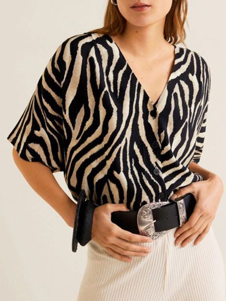 

Maniche Corte Dritto Scollo a V Superiore, Nero, Blouses & Shirts