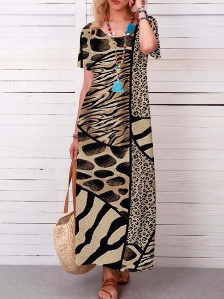 

Leopardo Maniche Corte Stampato Poliestere Girocollo Vintage Estate Marrone Abito, Summer dresses