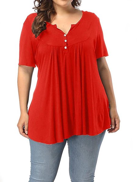 

Short Sleeve Solid Casual Cotton Tops, Red, T-Shirts