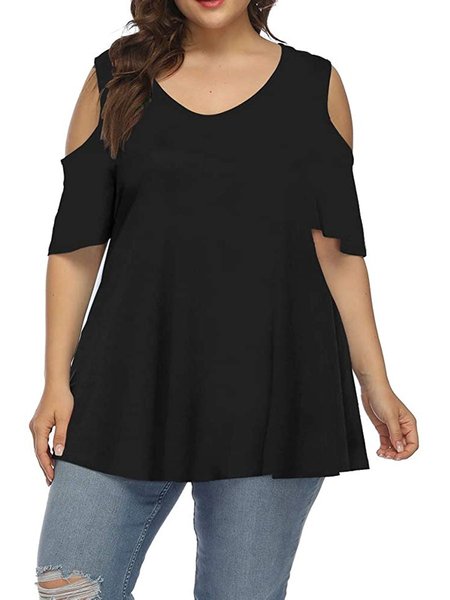 

Cotton Round Neck Cold Shoulder Tops, Black, Tops