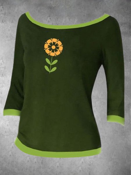 

Vintage Floral Printed Color-block Plus Size 3/4 Sleeves Crew Neck Casual Tops, Green, Tops