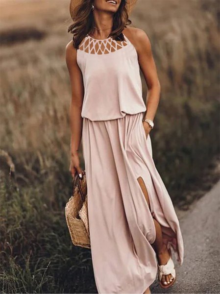 

Nuovo Donna Chic Vintage Senza Maniche Bohemian Casuale Tinta unita Abito, Rosa nudo, Midi Dresses
