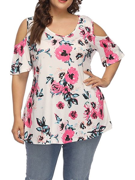 

Round Neck Floral Cotton Casual Tops, White, Tops