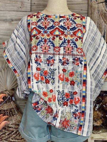 

Boho Shift Pastoral Batwing Crew Neck Shirts & Tops, Light gray, Auto-Clearance