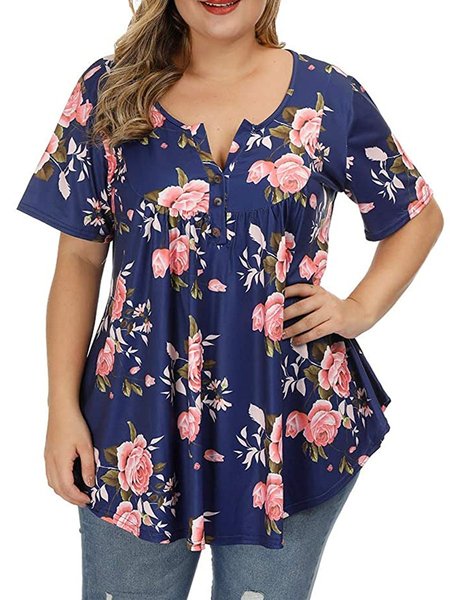 

Floral Cotton Casual Short Sleeve Tops, Dark blue, T-Shirts