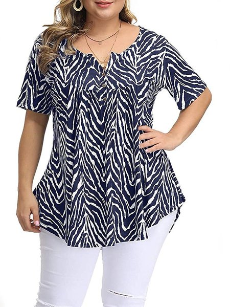 

V Neck Short Sleeve Cotton Tops, Zebra-stripe, T-Shirts
