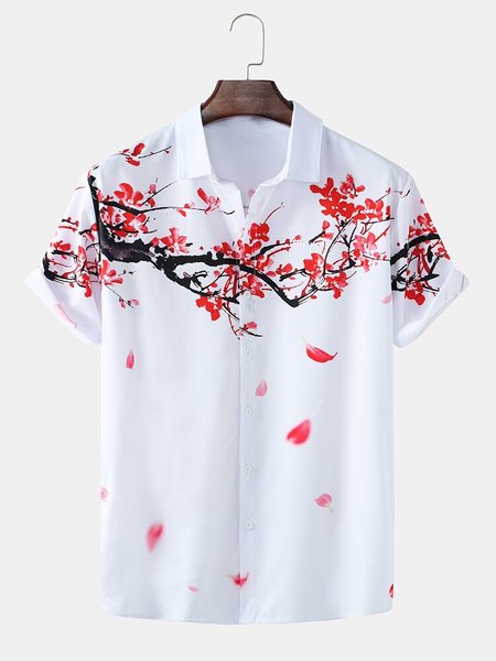 

Mens Front And Back Plum Blossom Print Lapel Short Sleeve Shirts, White, Men's Floral shirt