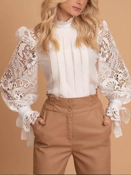 

Vintage Shift Long Sleeve Stand Collar Blouse, White, Blouses and Shirts
