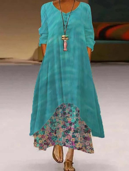 

Short Sleeve V Neck Cotton-Blend Casual Weaving Dress, Blue, Floral Dresses