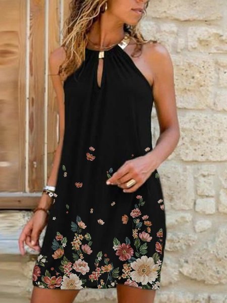 

Stampato Floreale Misto Cotone senza maniche Gonna Casuale, Nero, Mini Dresses