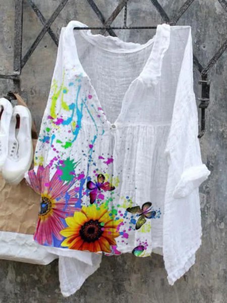 

Floral Long Sleeve Boho Cotton Shirts & Tops, White, Blouses & Shirts