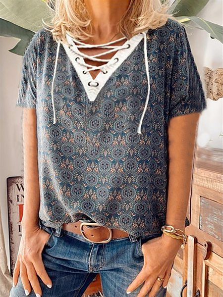 

Plus size Vintage Short Sleeve Printed Shirts & Tops, Purplish blue, Tops