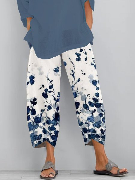 

Floral Shift Printed Polyester Vintage Summer Blue Pants, Pants