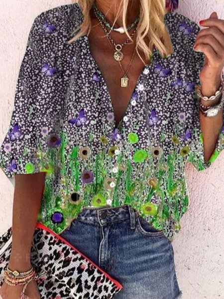 

Casuale Scollo a V Dritto Maniche Lunghe Camicie & Top, Verde, Blouses & Shirts