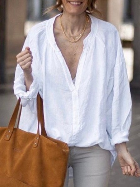 

Cotton-Blend Solid Long Sleeve Blouse, White, Shirts & Blouses