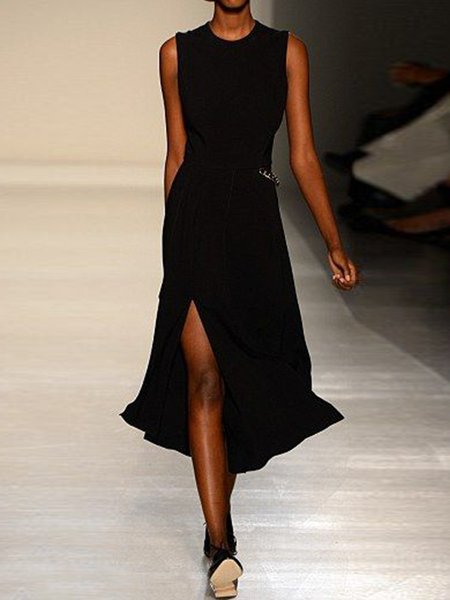 

spacco senza maniche Semplice Girocollo Abito, Nero, Dresses