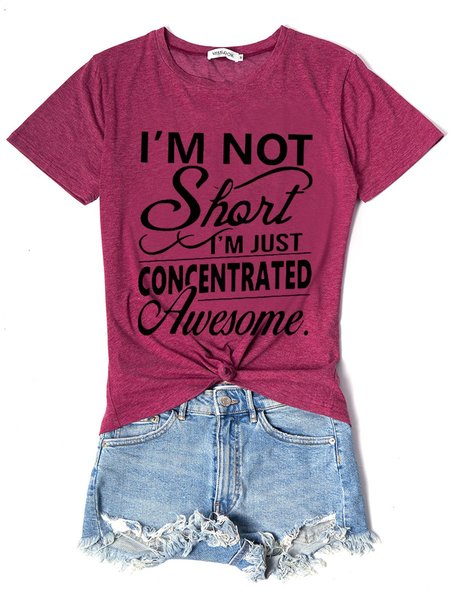 

I'M Not Short Cotton-Blend Letter Short Sleeve Casual Women Tee, Burgundy, T-shirts