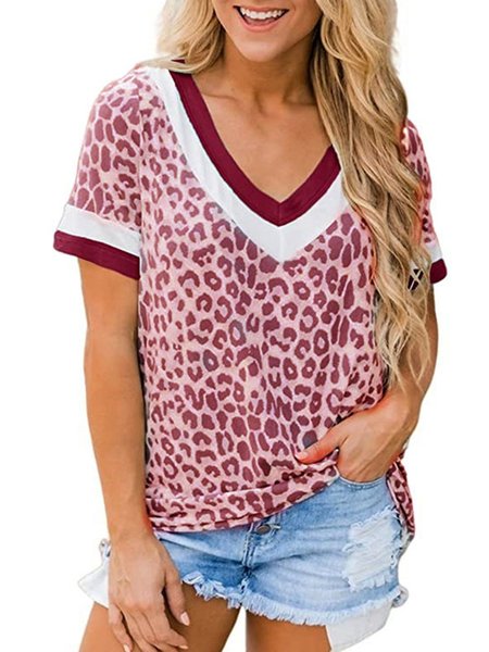 

Casual Short Sleeve V Neck Shift T-Shirt, Wine red, Tees