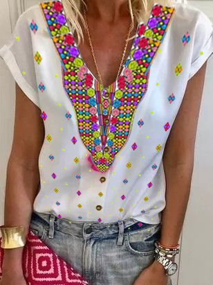 

Camicie & Top Scollo a V Casuale Cotone, Bianco, T-Shirts