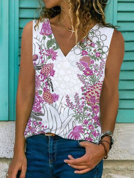 

Cotton Sleeveless V Neck Printed Shirts & Tops, White, Tops
