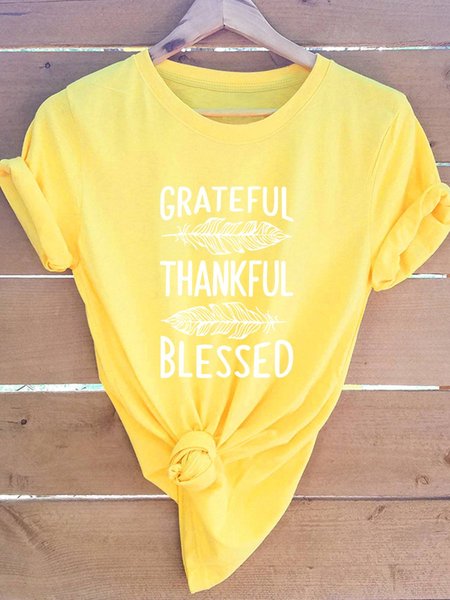 

Grateful Thankful Blessed Thanksgiving Easter Feather Graphic Tee, Yellow, T-shirts