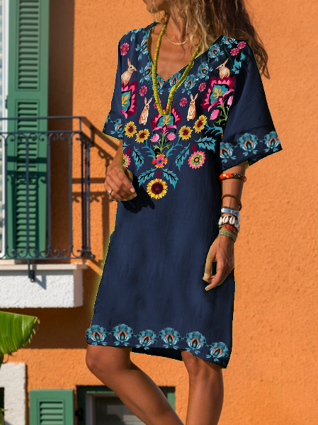 

Abito Maniche Corte Floreale Bohemian, Blu intenso, Dresses