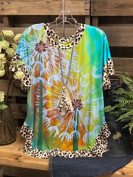 

Crew Neck Short Sleeve Vintage Cotton Shirts & Tops, Multicolor, Tops