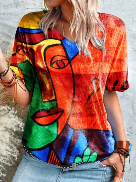 

Casual V Neck Short Sleeve T-shirt, As picture, T-Shirts