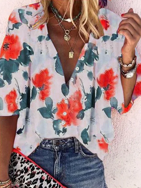 

Boho Long Sleeve Floral Shift Shirts & Tops, Red, Blouses & Shirts