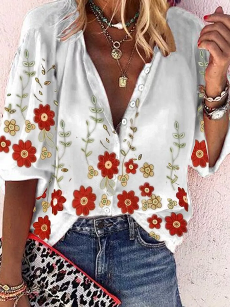 

3/4 Sleeve Shift Casual Cotton-Blend Blouse, As picture, Blouses & Shirts