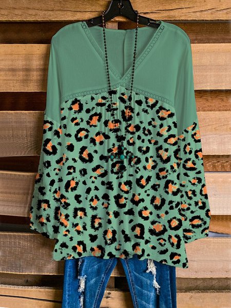 

21 Summer New Stitching Loose V-neck Leopard Casual Long Sleeve Tops, Green, Tops