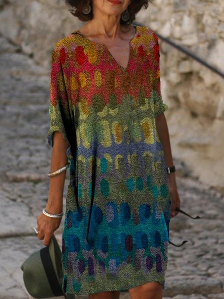 

Cotton-Blend Half Sleeve V Neck Weaving Dress, Multicolor, Boho dresses