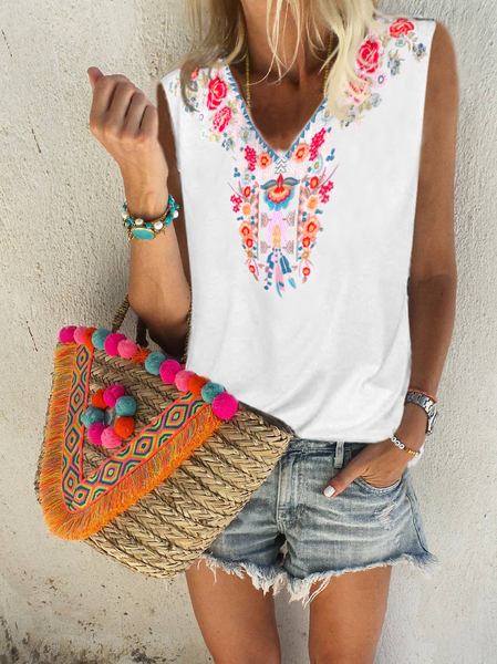 Cold Shoulder Floral V Neck Shirts & Tops, White, Tank Tops & Camis