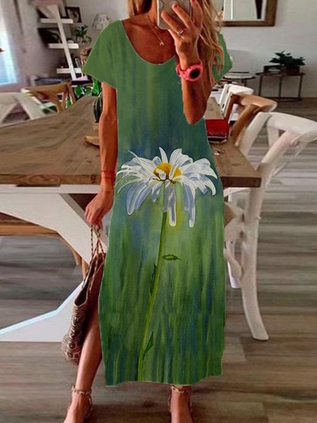 

Short Sleeve Casual Daisy Floral Holiday Weaving Dress, Green, Floral Dresses