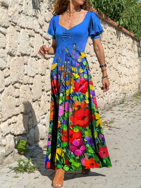 

Nuovo Donna Chic Vintage Bohemian Vacanza Maniche Corte Vacanza Floreale A-line Abito, Blu, Maxi Dresses
