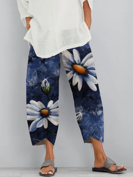 

Floral Shift Printed Polyester Vintage Summer Blue Pants, Pants