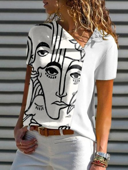 

Short Sleeve V Neck Casual Blouse, White, Blouses & Shirts