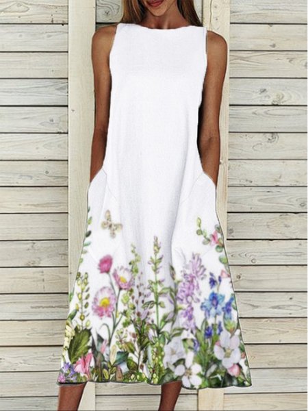 

Girocollo Stampata Floreale Senza Maniche Abito, Bianco, Dresses