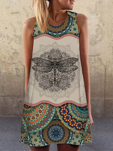 

Vintage Geometric Dragonfly Printed Color-block Plus Size Sleeveless Crew Neck Casual Dresses, Multicolor, Dresses