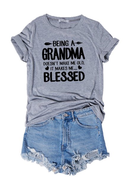 Women Grandma T Shirt O-Neck Casual Summer Tee Top, Gray, T-shirts