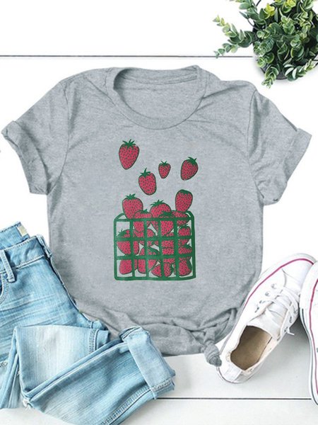 

Strawberry Shift Casual Short Sleeve Cotton-Blend Women Tee, Light gray, T-shirts