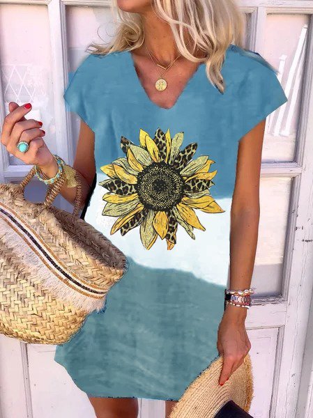 

Casual Printed Short Sleeve Weaving Dress, Blue, Tie dye dress